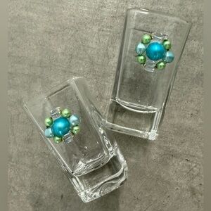 Set of 2 Teal/Blue/Green Beaded Custom Designed Shot Glasses